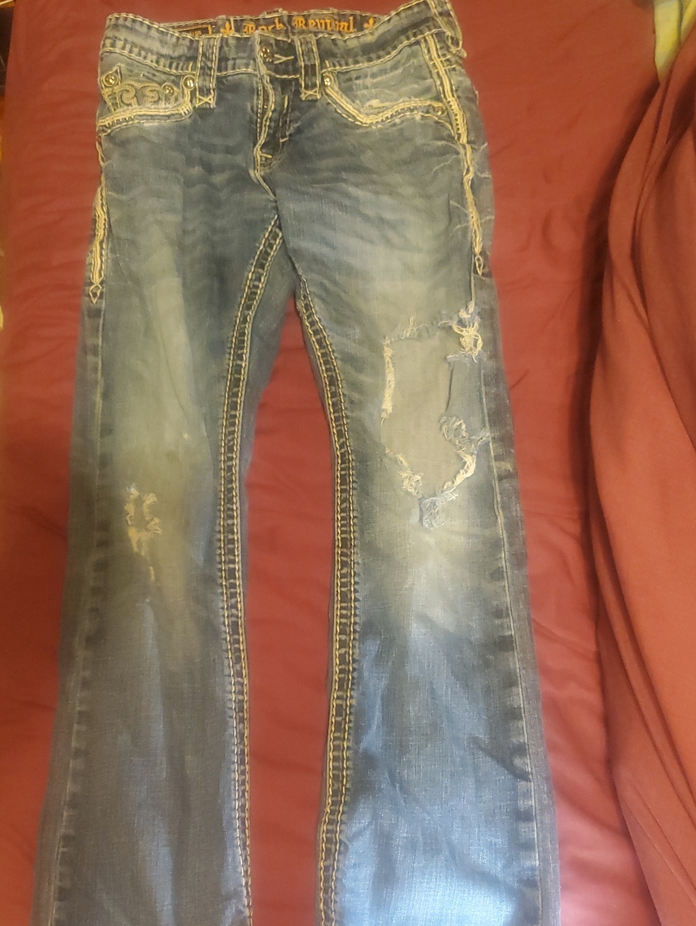 Men's Distressed Rock Revival Blue Denim Jeans